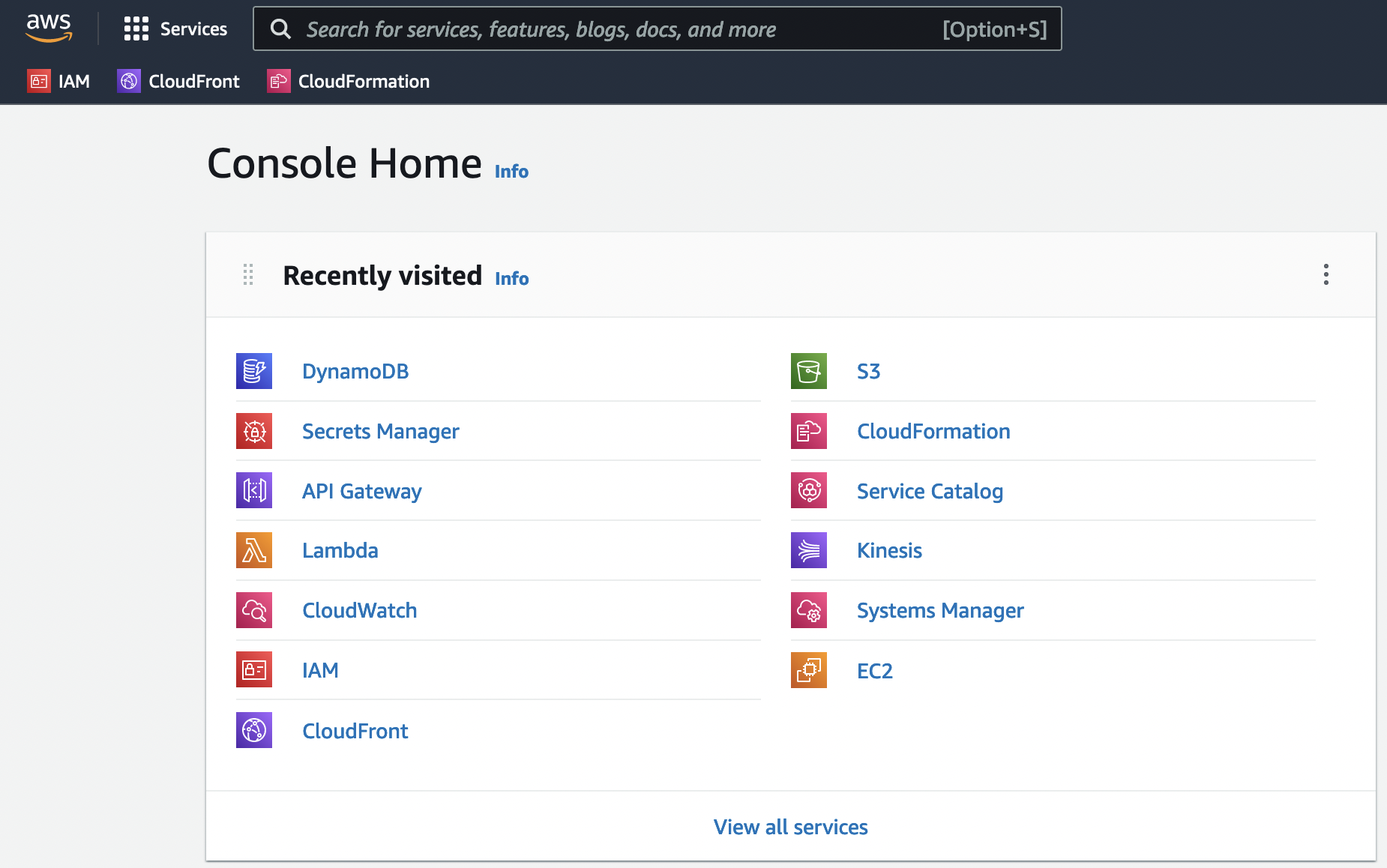 The AWS Console, showing a list of available services.